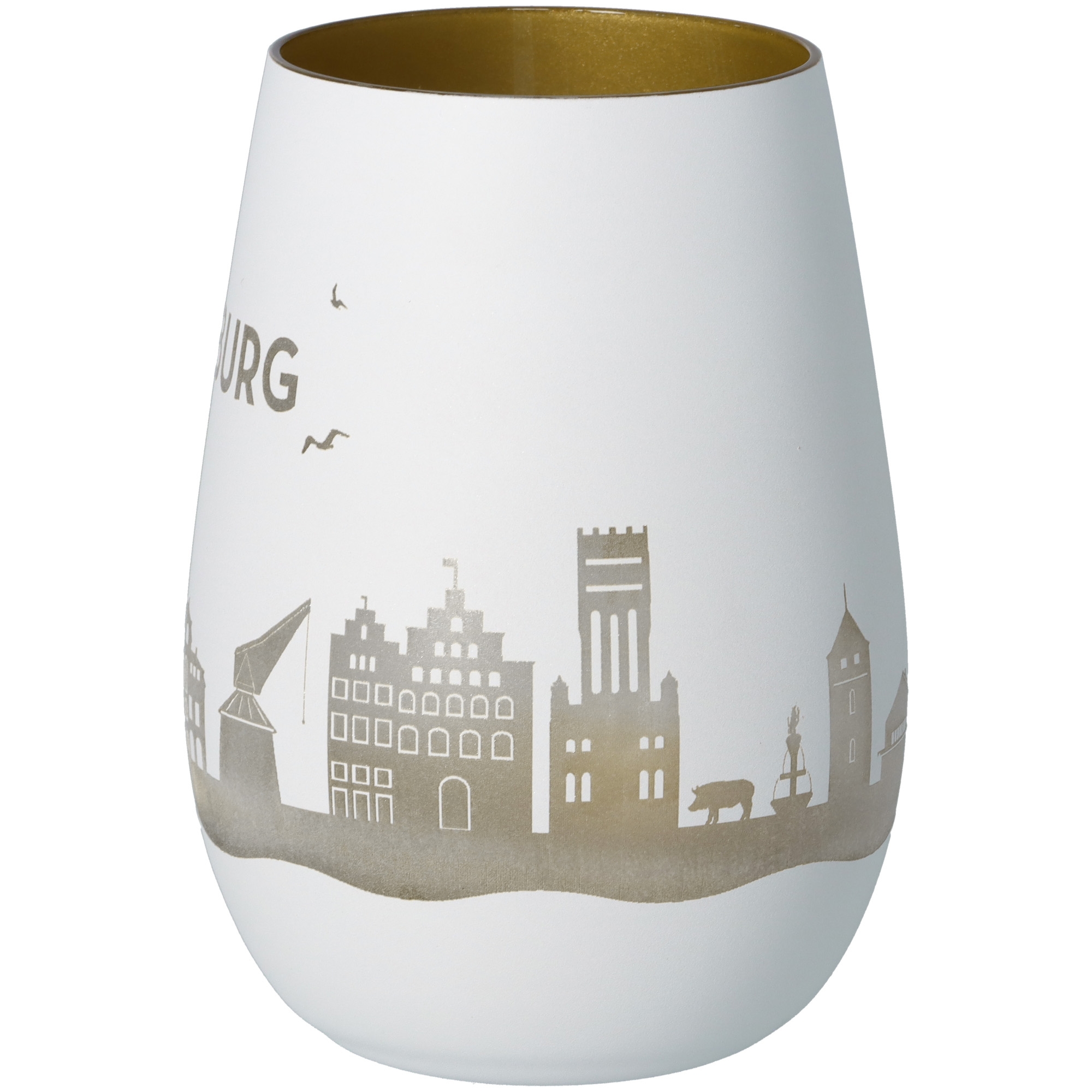 Windlicht Skyline Lüneburg Weiß/Gold Töpferei, Kunst, Porzellan, Glas, Vase