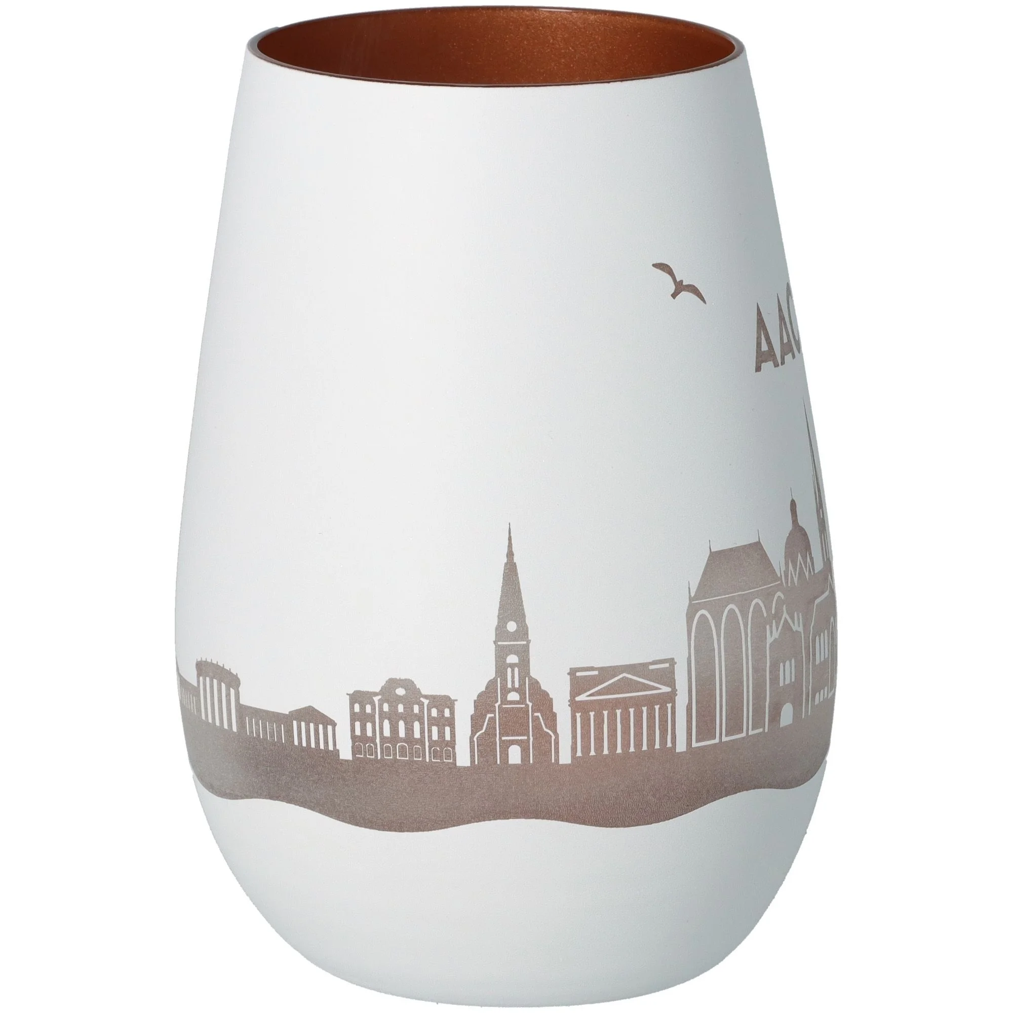 vase, porzellan, weiß, stadtsilhouette, braune rand