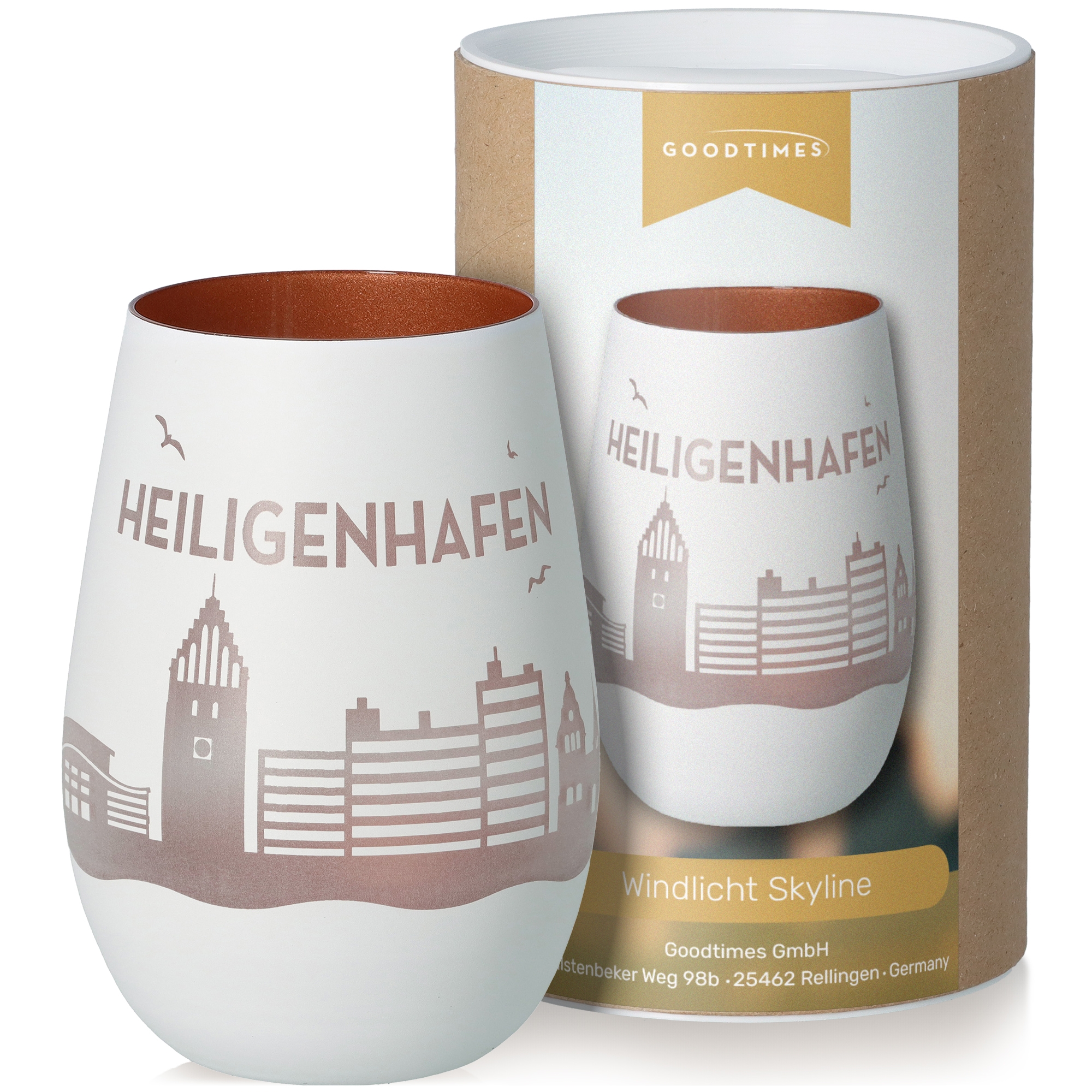 Windlicht Skyline Heiligenhafen Weiß/Bronze Töpferei, Tasse, Porzellan, Kaffee, Kaffeetasse