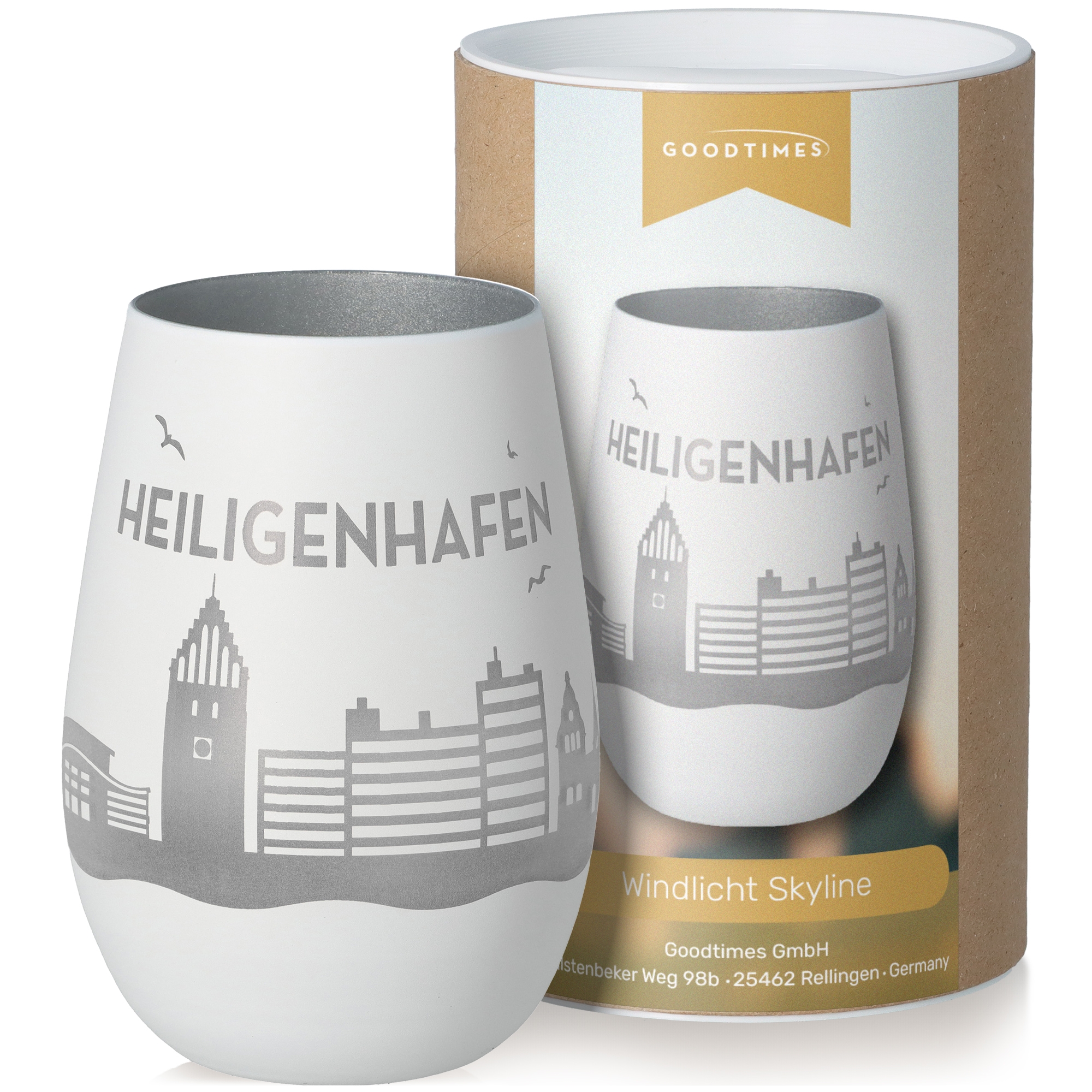 Windlicht Skyline Heiligenhafen Weiß/Silber Töpferei, Tasse