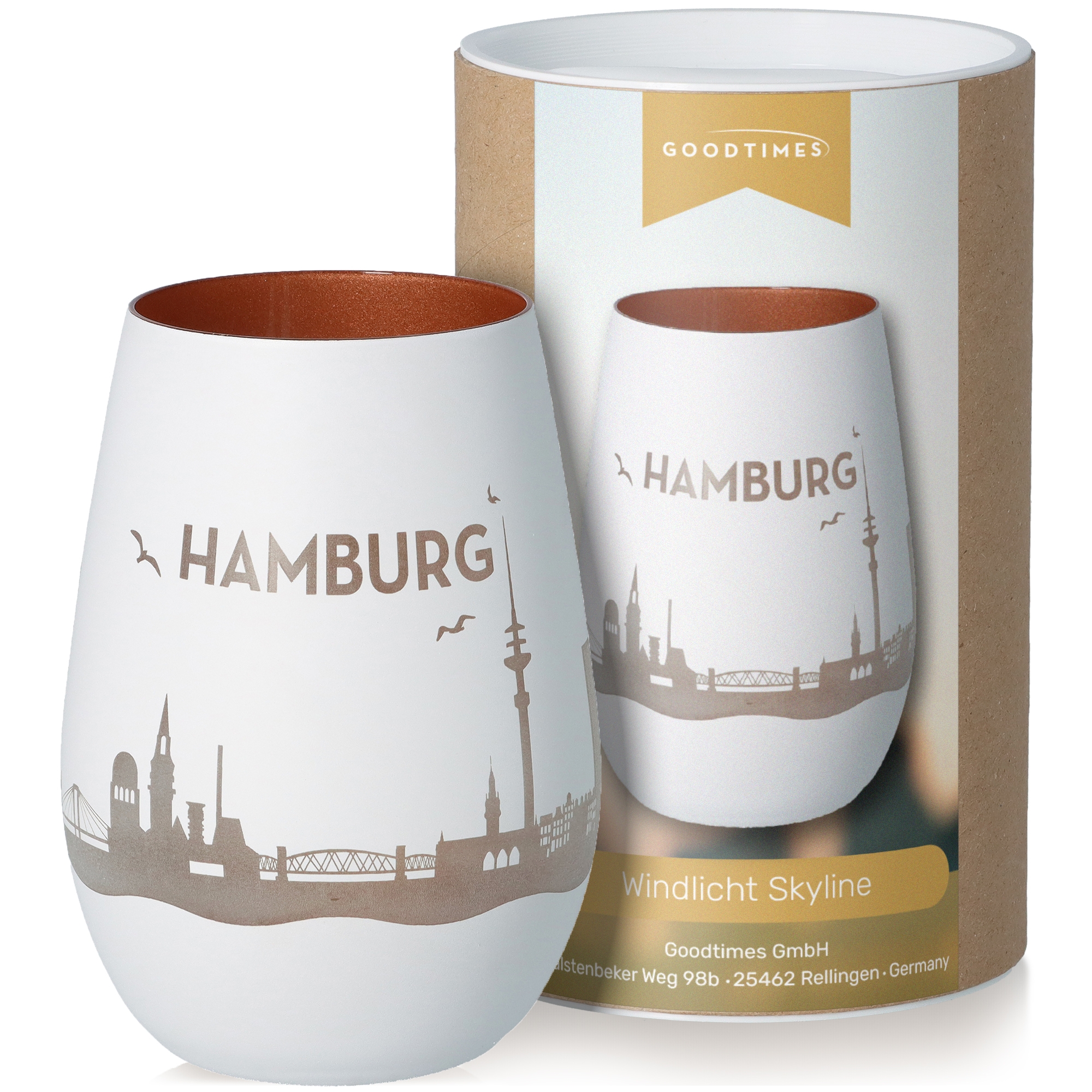 Windlicht Skyline Hamburg Weiß/Bronze Töpferei, Krug, Tasse, Vase, Porzellan