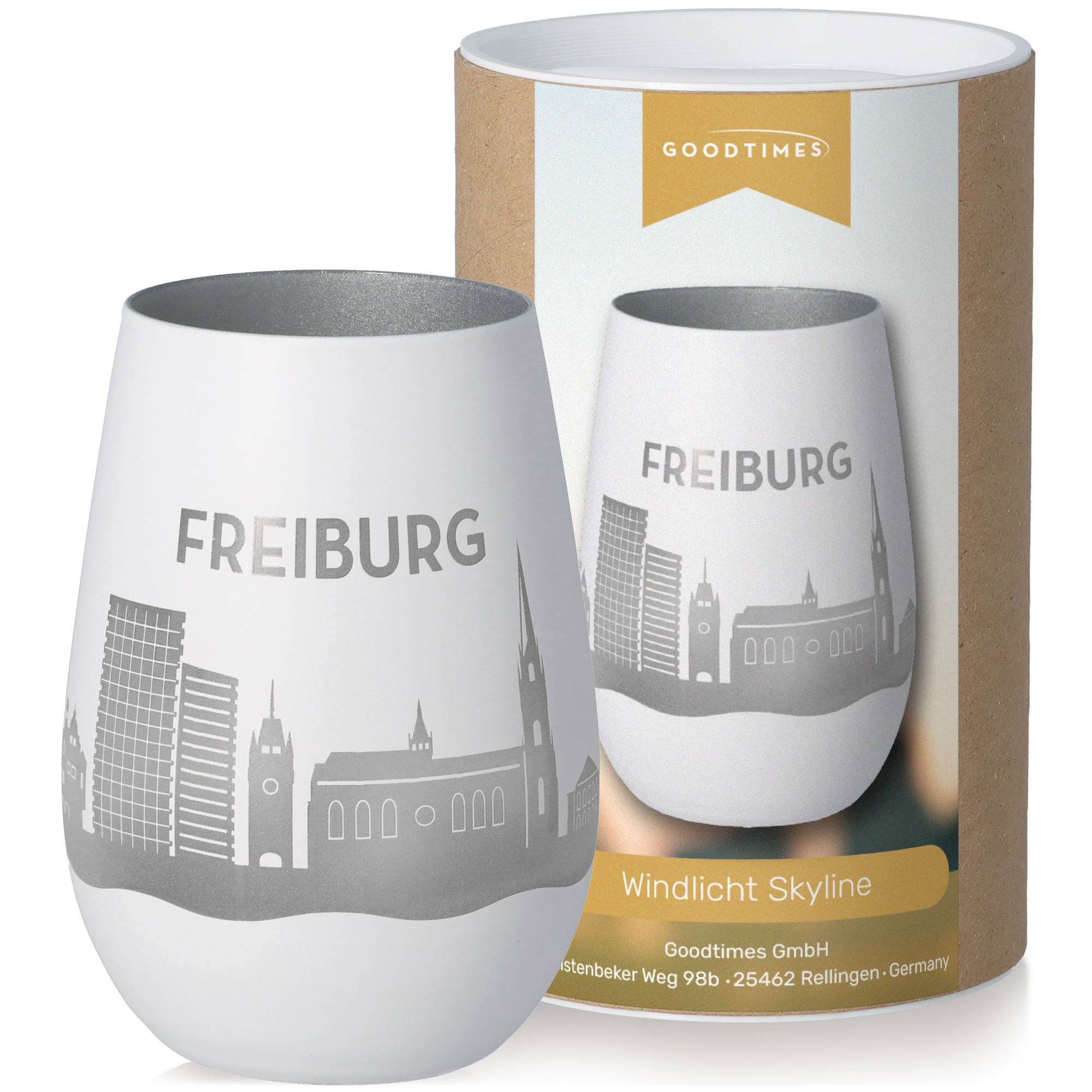 Windlicht Skyline Freiburg Weiß/Silber Töpferei, Lampe, Tasse