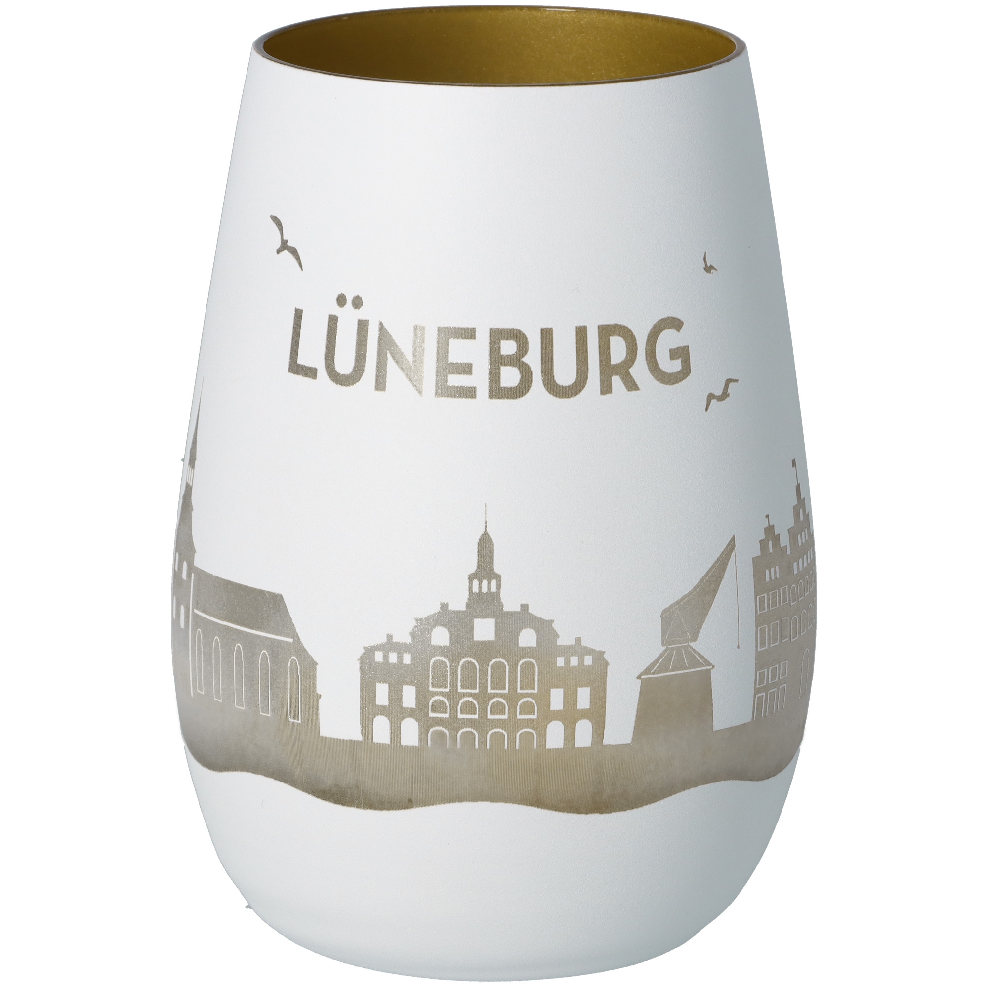 Windlicht Skyline Lüneburg Weiß/Gold Töpferei, Krug, Glas, Porzellan, Vase