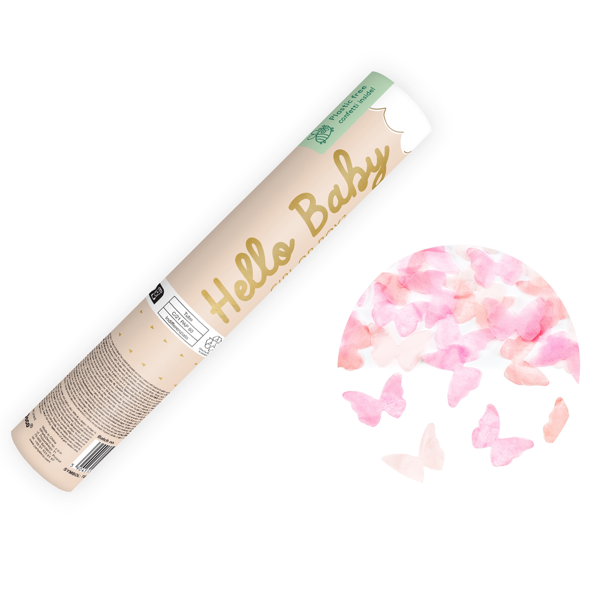 Konfetti Kanone Gender Reveal mit pinken Schmetterlingen, 20 cm