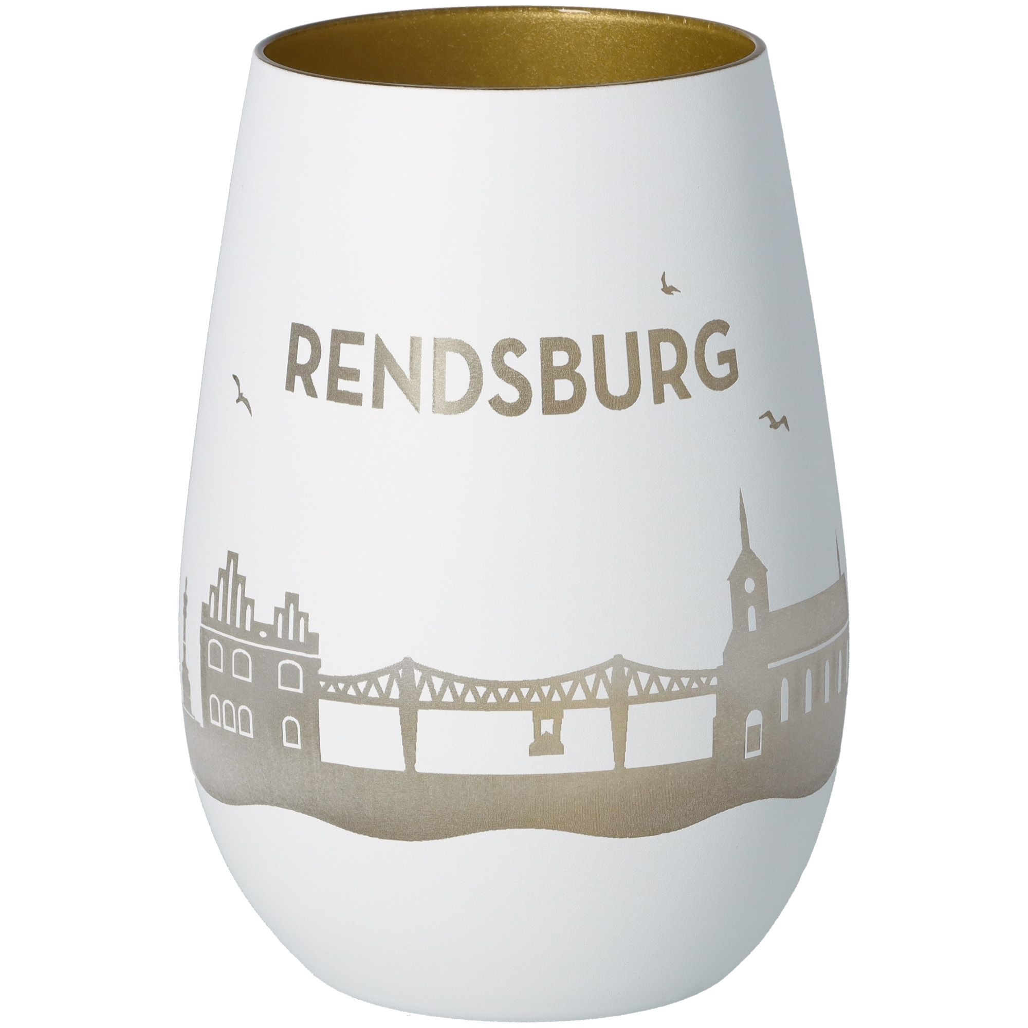 Windlicht Skyline Rendsburg Weiß/Gold Töpferei, Krug, Kunst, Porzellan, Vase