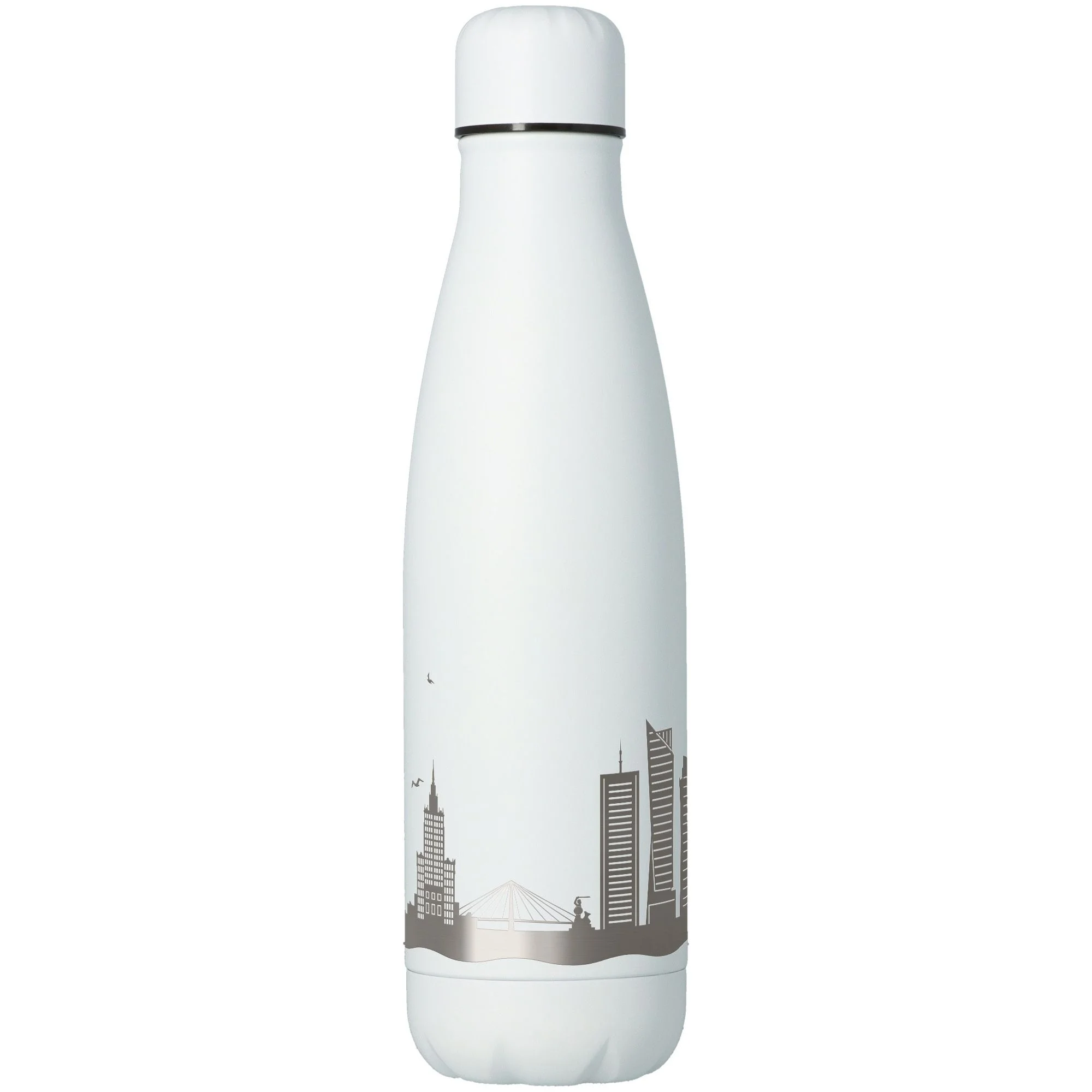Thermalflasche, Isolierflasche, Stahl, Weiß, Stadt-Silhouette