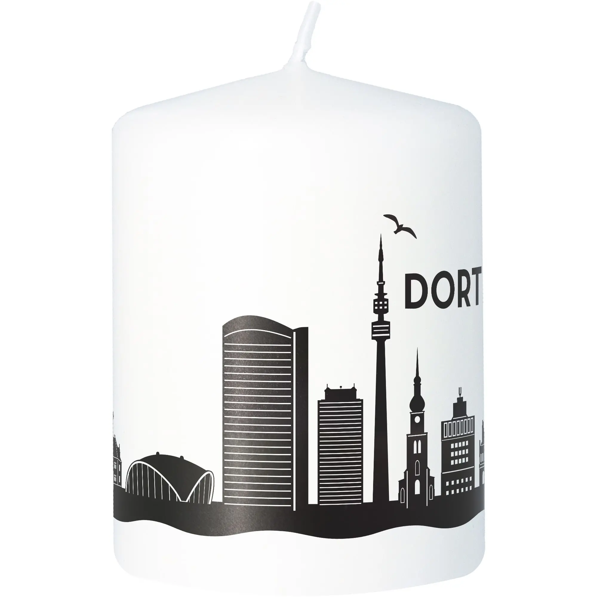 Stumpenkerze Skyline Dortmund Weiß