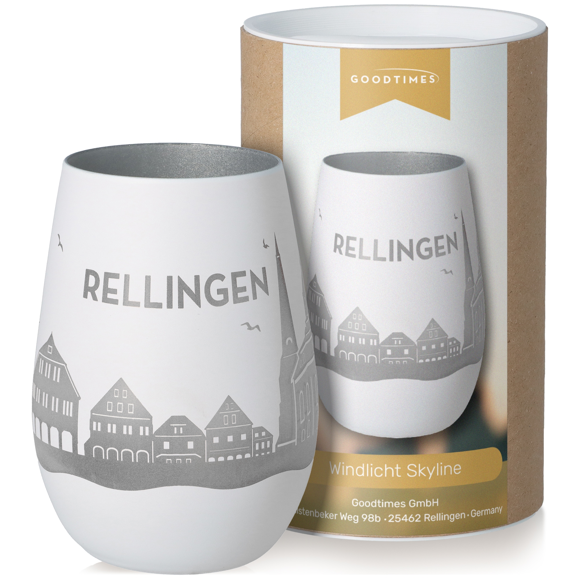 Windlicht Skyline Rellingen Weiß/Silber Töpferei, Tasse, Krug, Glas