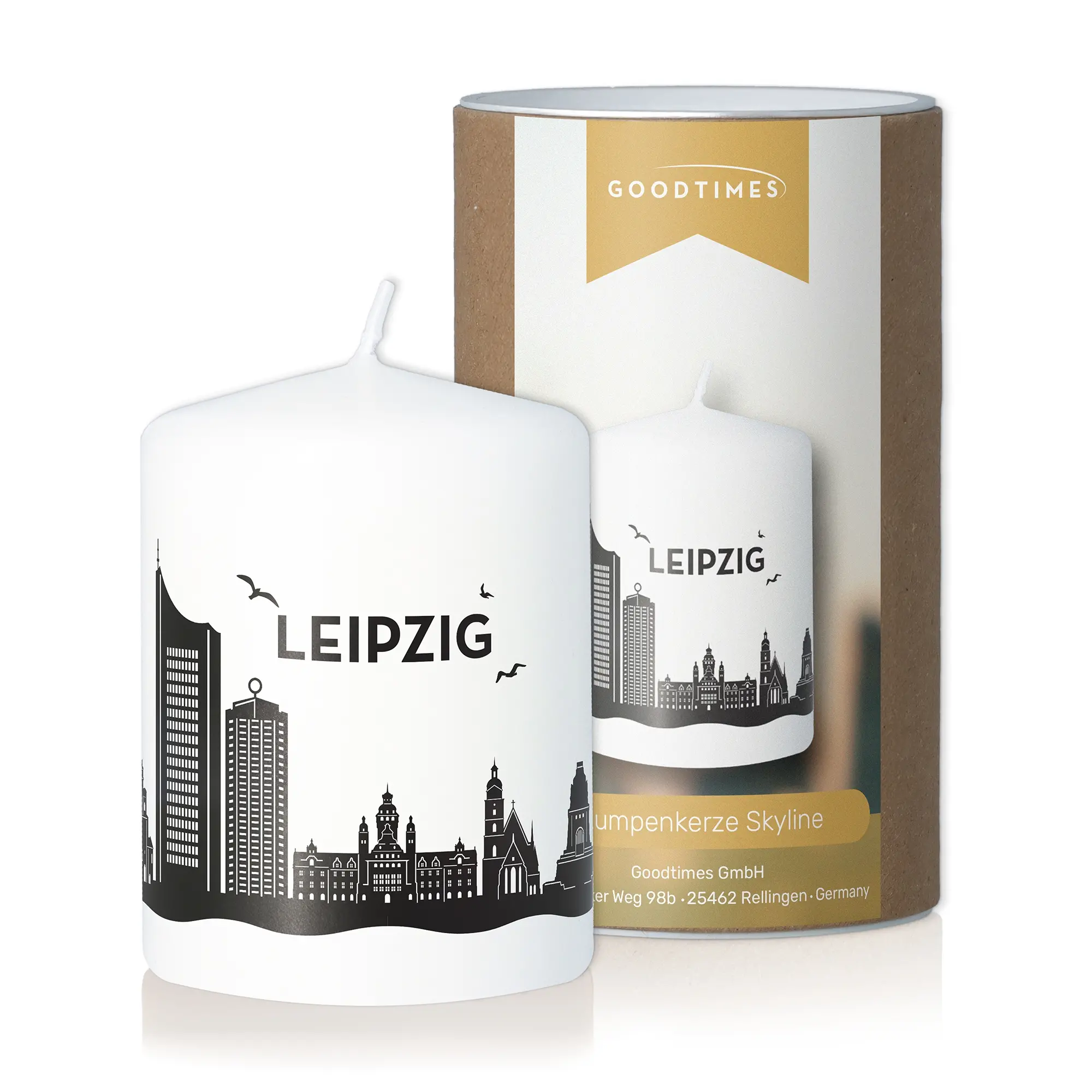 Stumpenkerze Skyline Leipzig Weiß