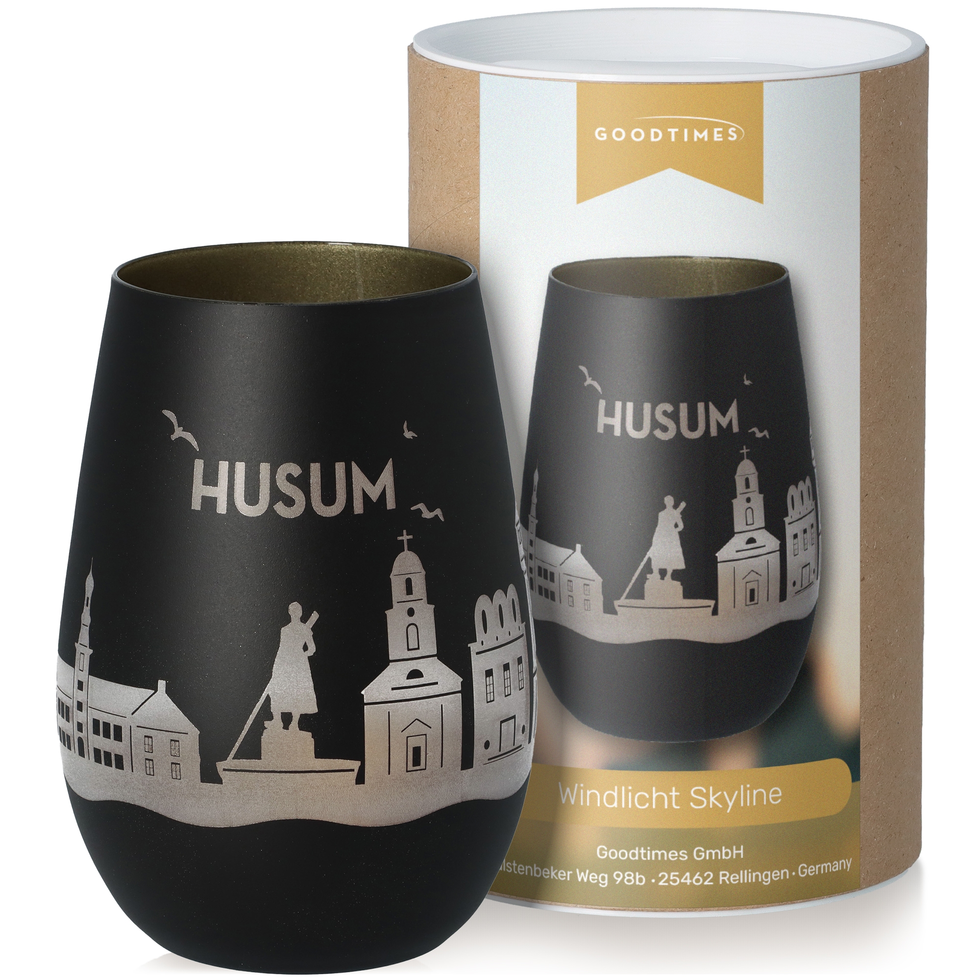 Windlicht Skyline Husum Schwarz/Gold Krug, Töpferei