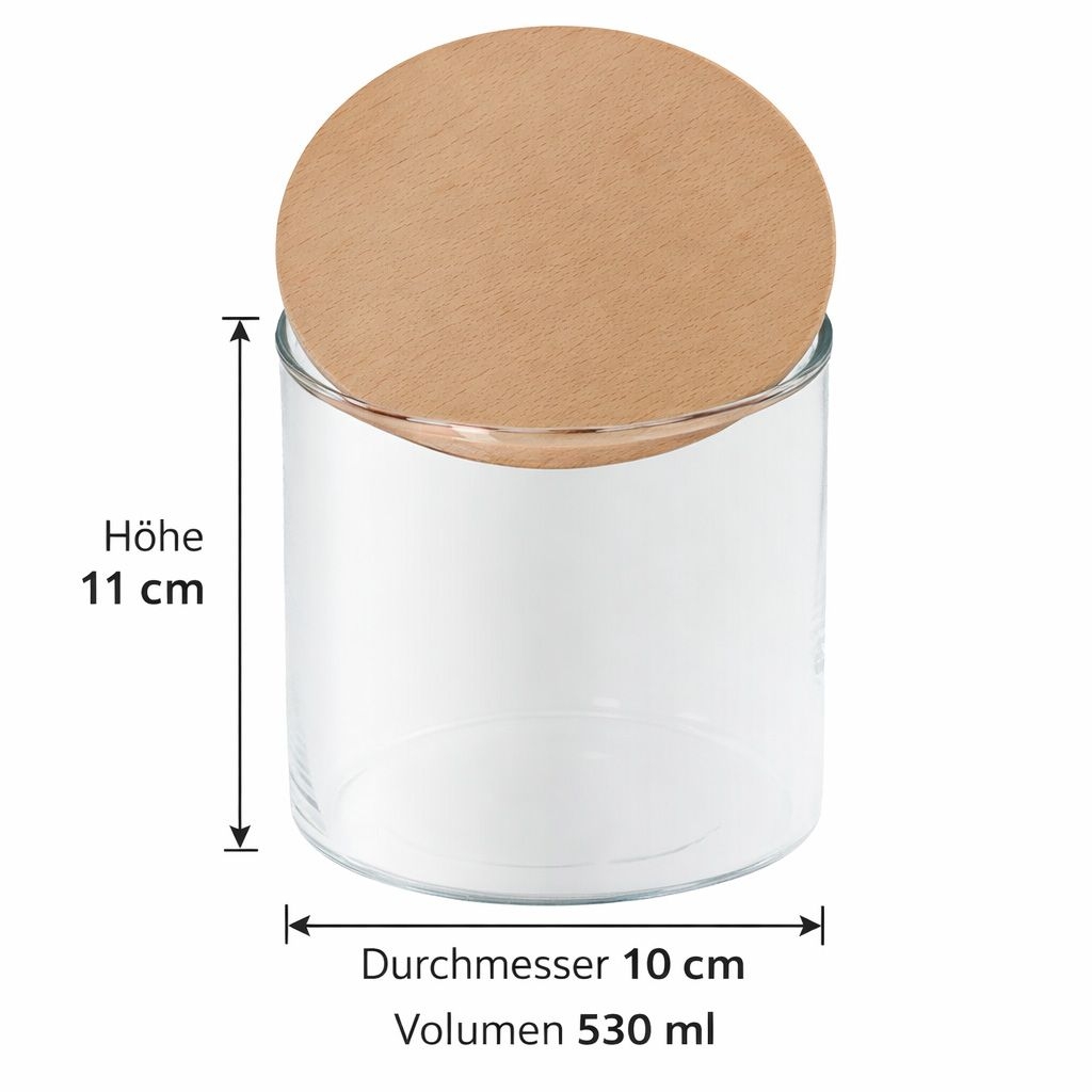 Glasbehälter, Glas mit Holzdeckel, Aufbewahrungsglas, Küchenglas, 530 ml