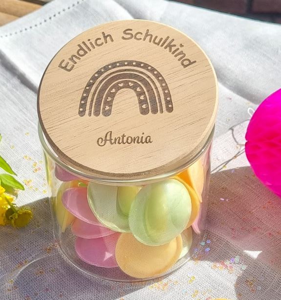 Geschenkglas Endlich Schulkind Regenbogen Herz "Name" 425ml
