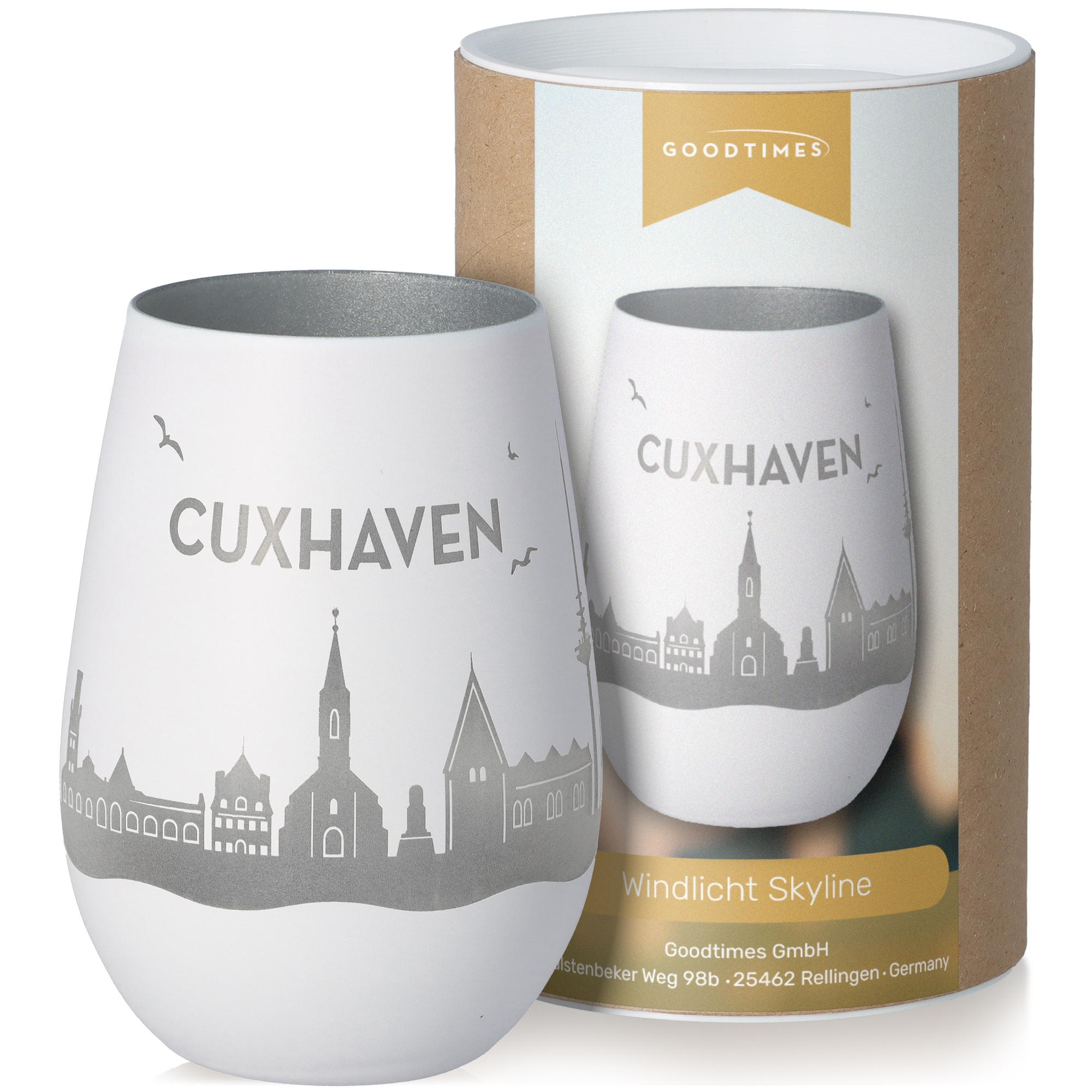 Windlicht Skyline Cuxhaven Weiß/Silber Töpferei, Glas, Tasse