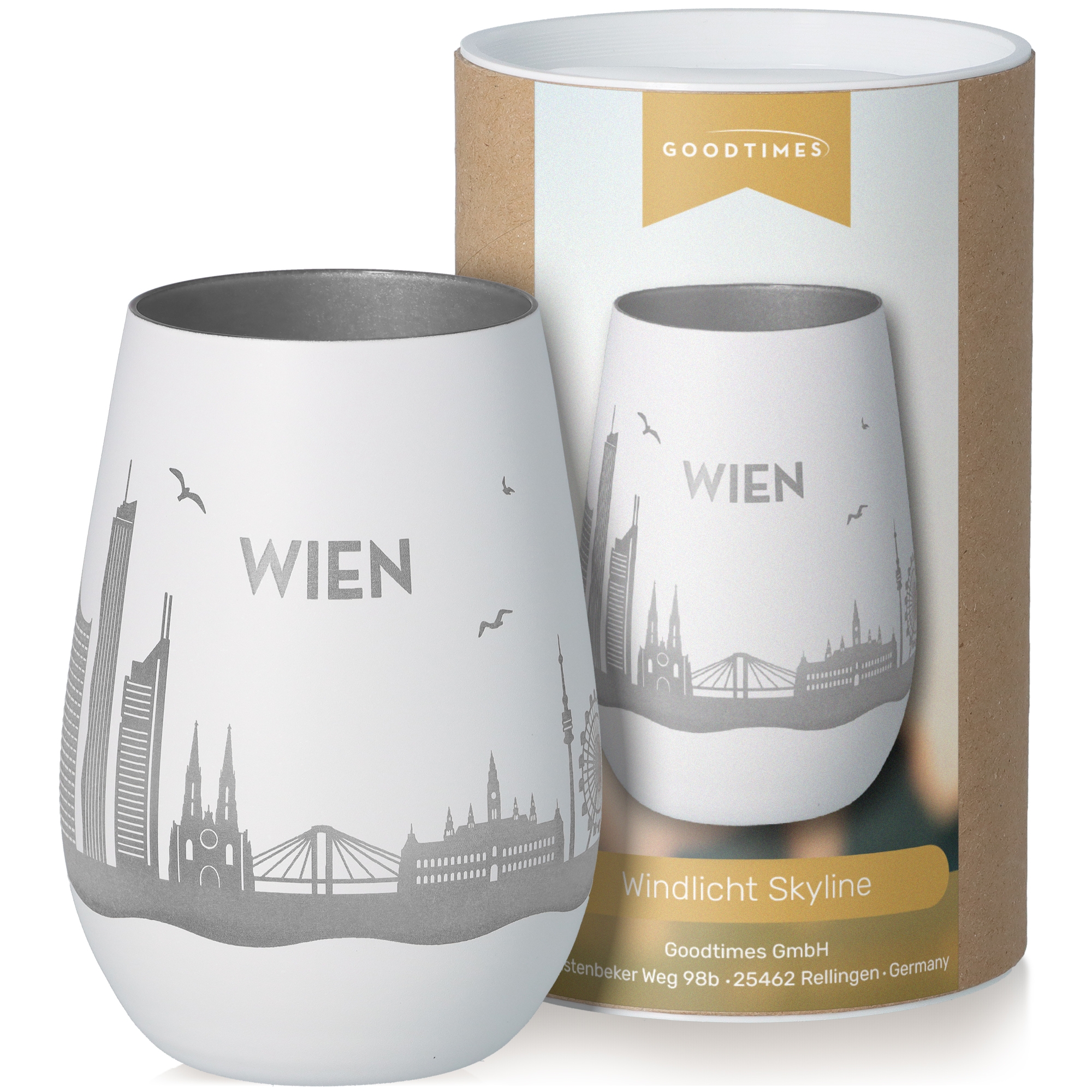 Windlicht Skyline Wien Weiß/Silber Töpferei, Lampe, Glas