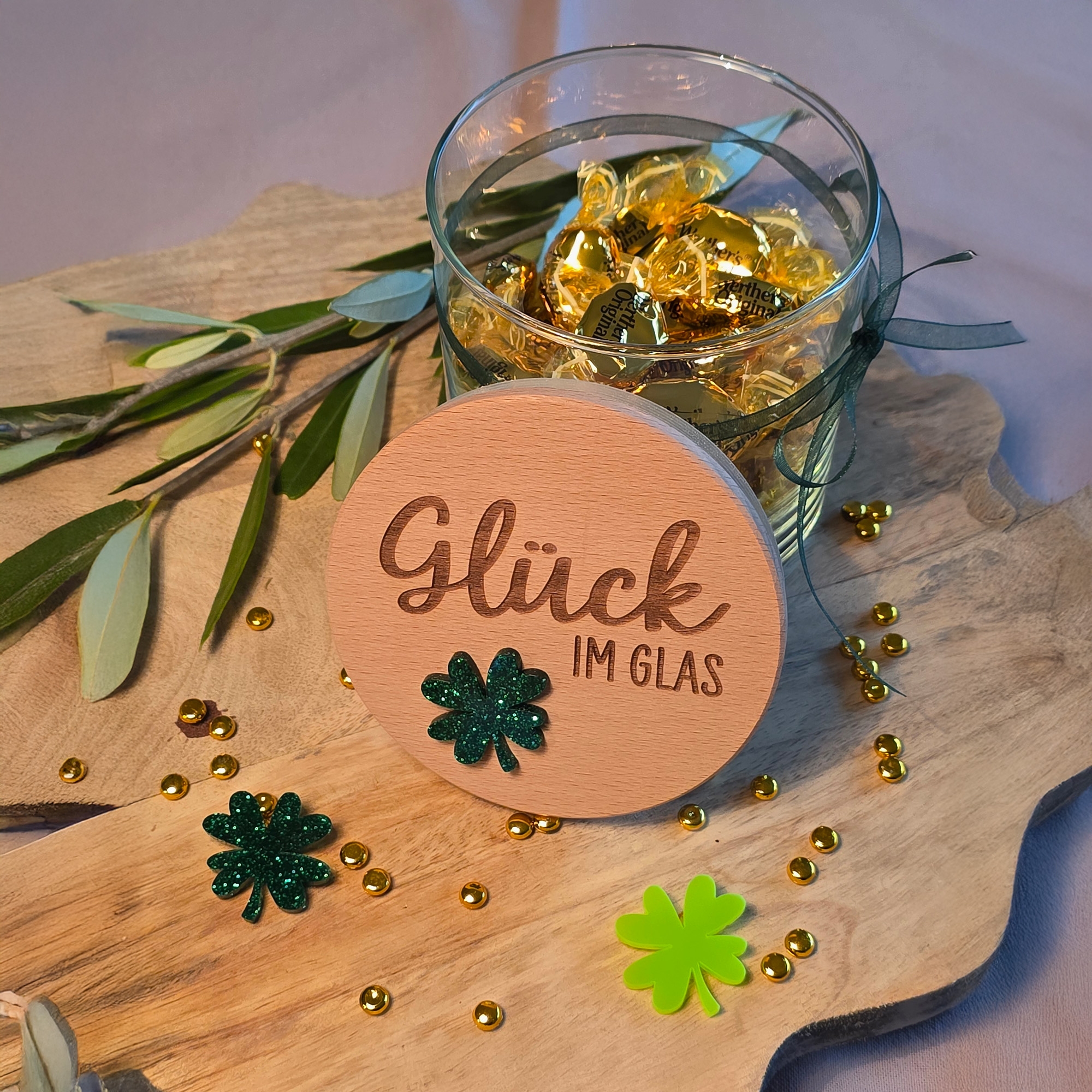 Geschenkglas "Glück im Glas" Glitzergrün Geschenkglas "Glück im Glas" Glitzergrün