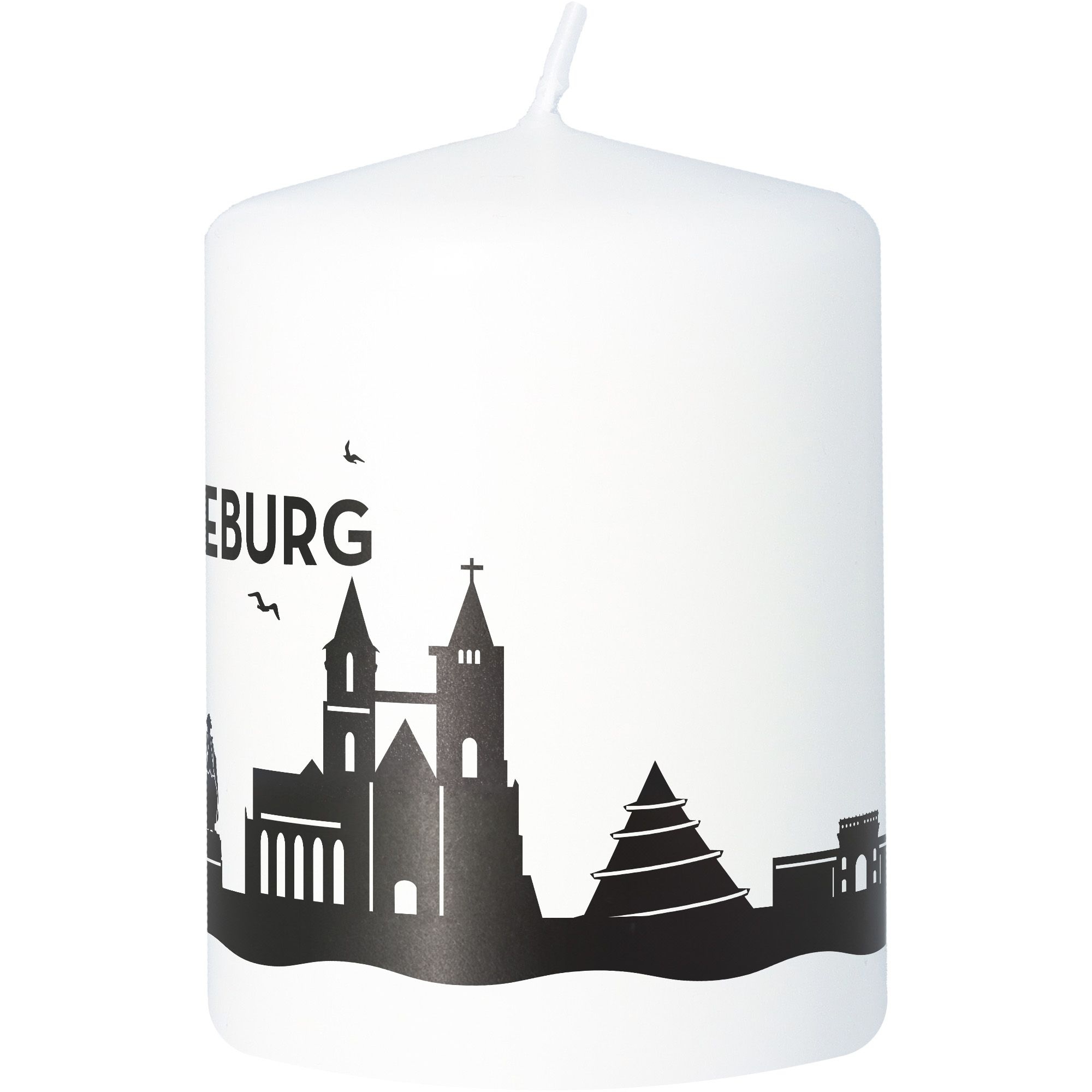 Stumpenkerze Skyline Magdeburg Weiß Stumpenkerze Skyline Magdeburg Weiß