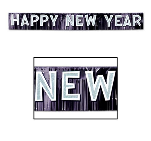 Fransengirlande "Happy New Year" Silber/Schwarz