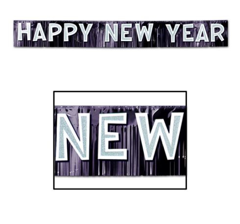 Fransengirlande "Happy New Year" Silber/Schwarz Fransengirlande "Happy New Year" Silber/Schwarz