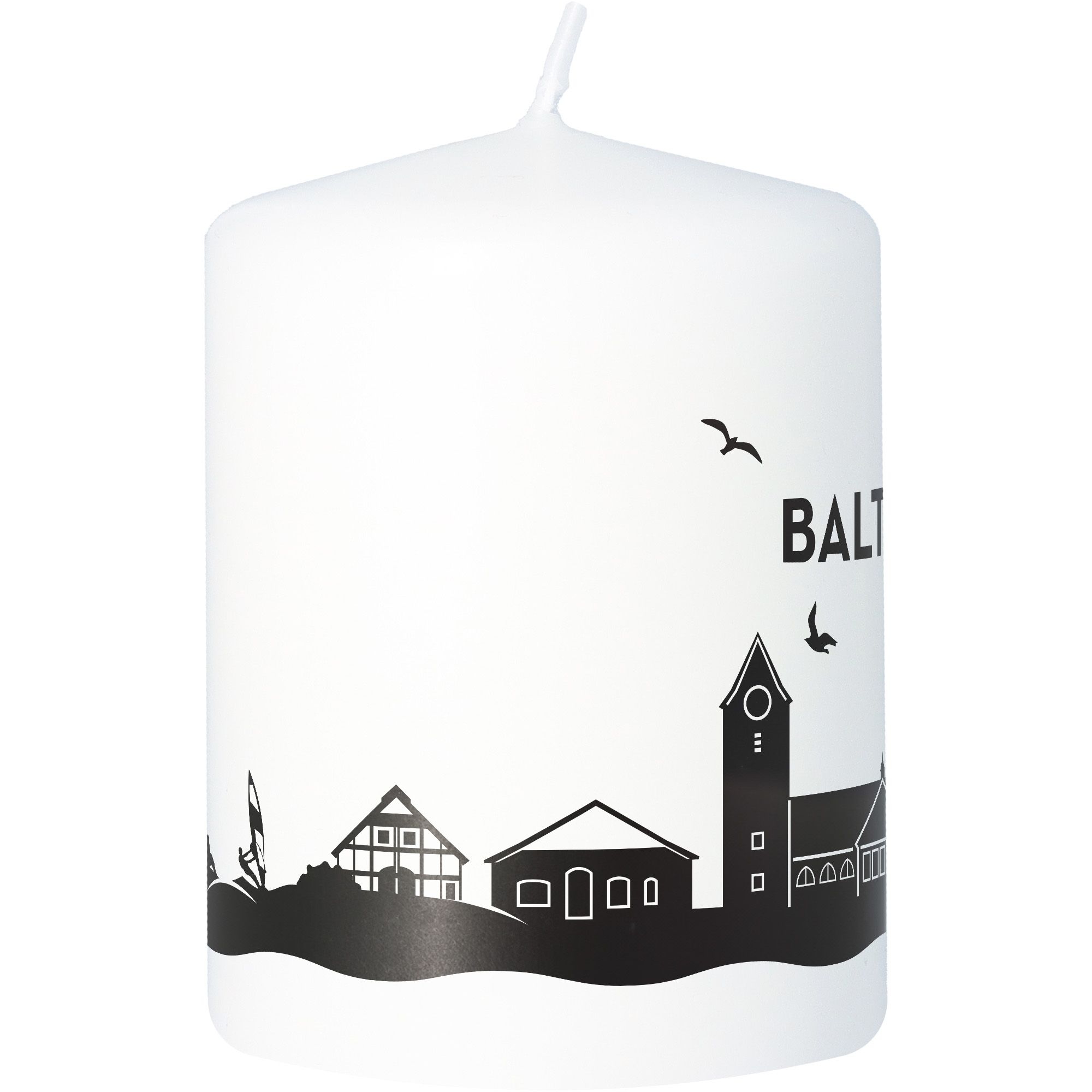 Stumpenkerze Skyline Baltrum Weiß Kerze, Tier, Vogel