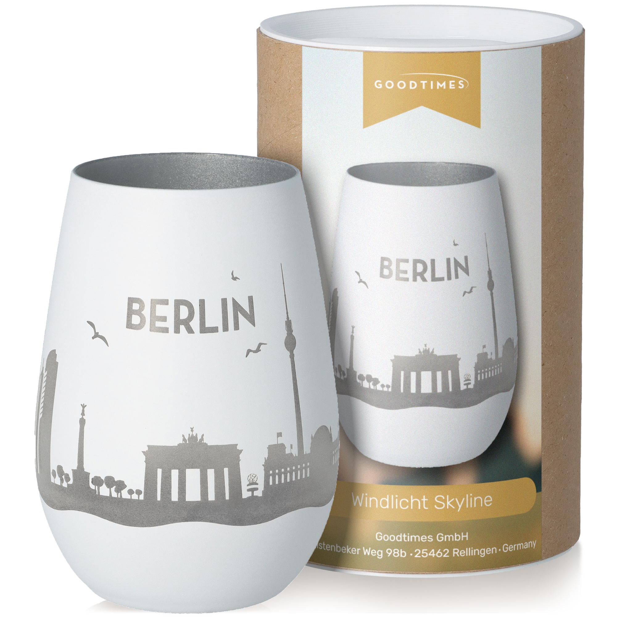 Windlicht Skyline Berlin Weiß/Silber Lampe, Töpferei, Tasse, Krug