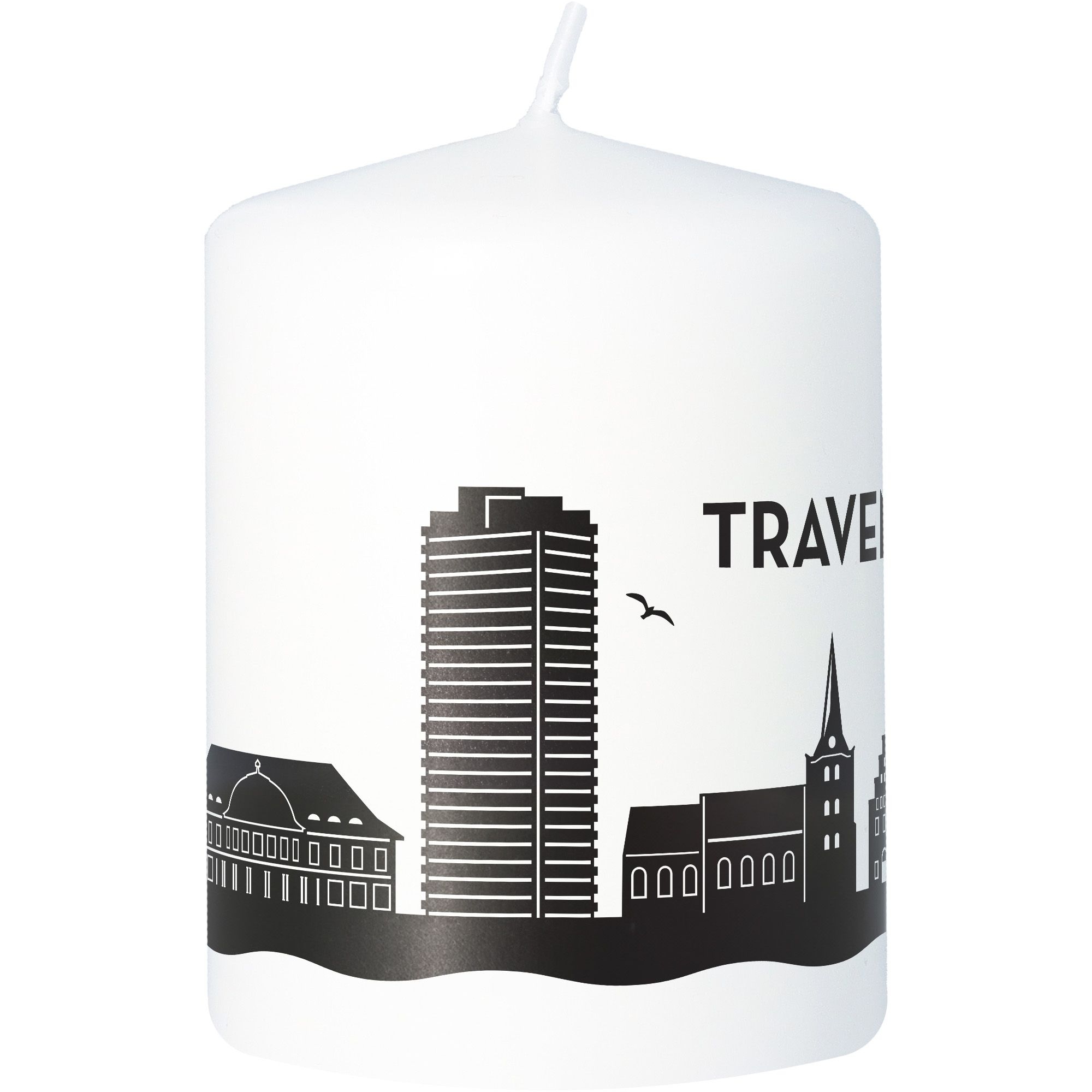 Stumpenkerze Skyline Travemünde Weiß Stumpenkerze Skyline Travemünde Weiß