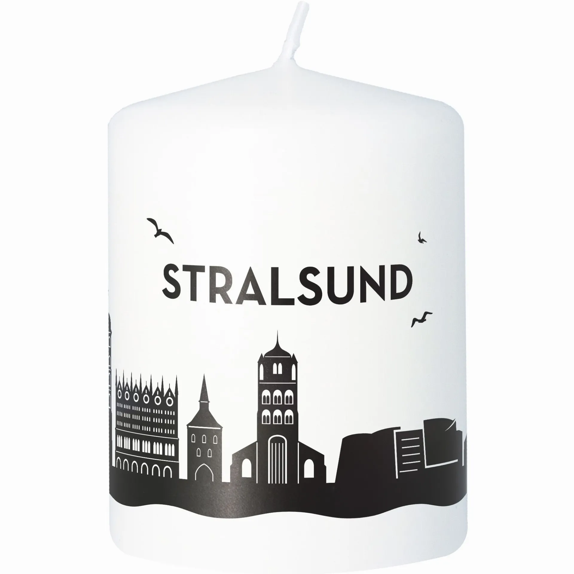 Stumpenkerze Skyline Stralsund Weiß