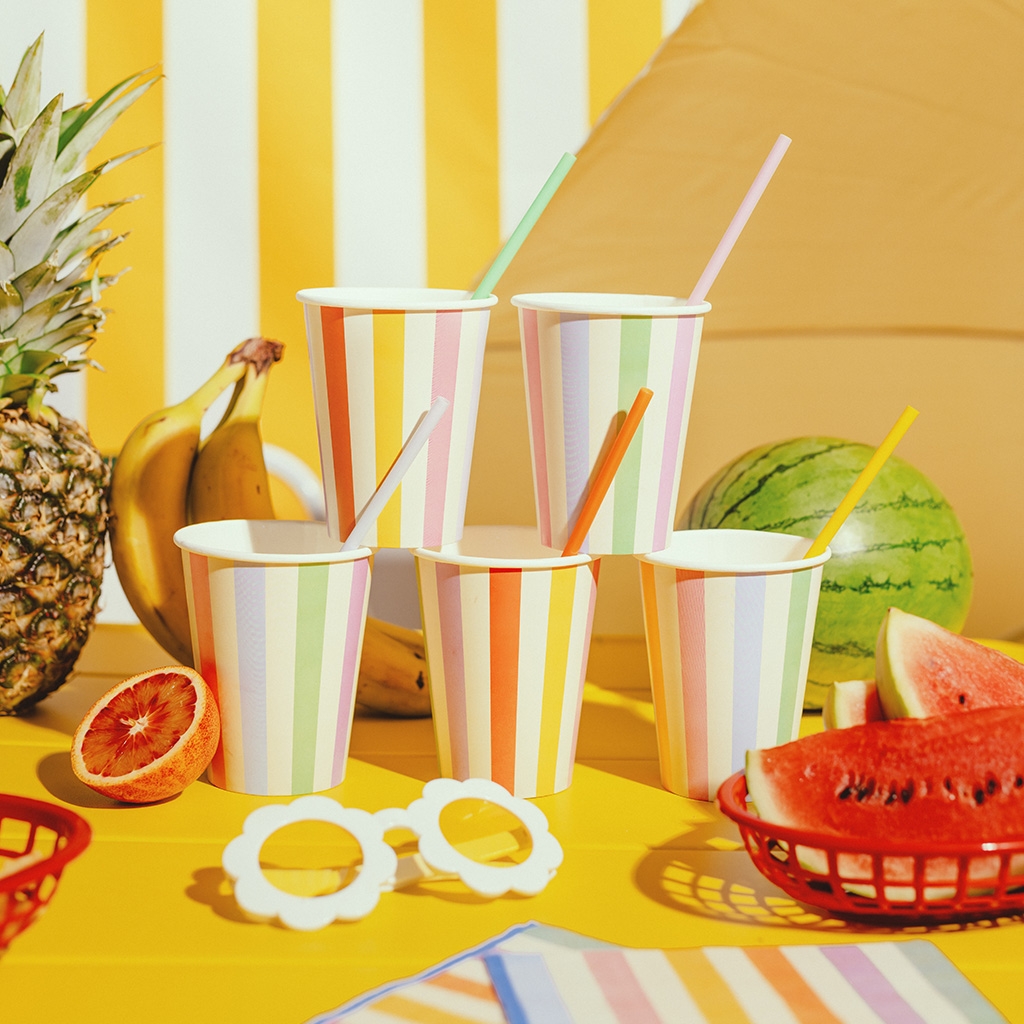 Pappbecher, Strohhalm, Sommerküche, Frucht, Musterstreifen