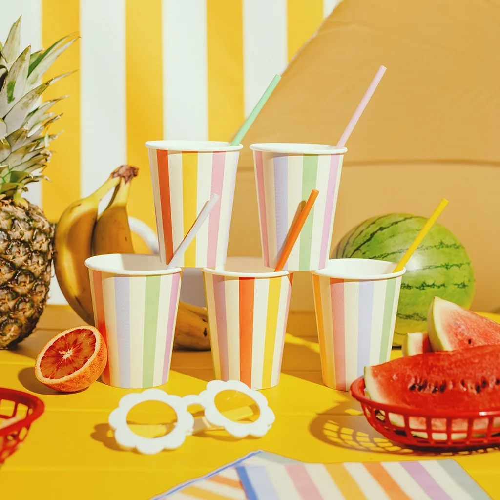 Pappbecher, Strohhalm, Sommerküche, Frucht, Musterstreifen